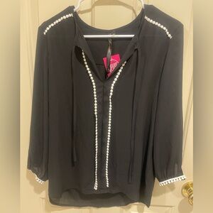 RENEE C Black Sheer Blouse with White accents